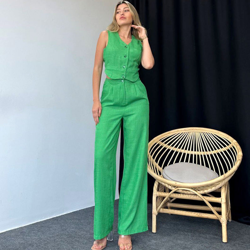 Women's fashion casual sleeveless slim solid color vest pants high-grade women's two-piece summer set - LODIMAE FASHION 