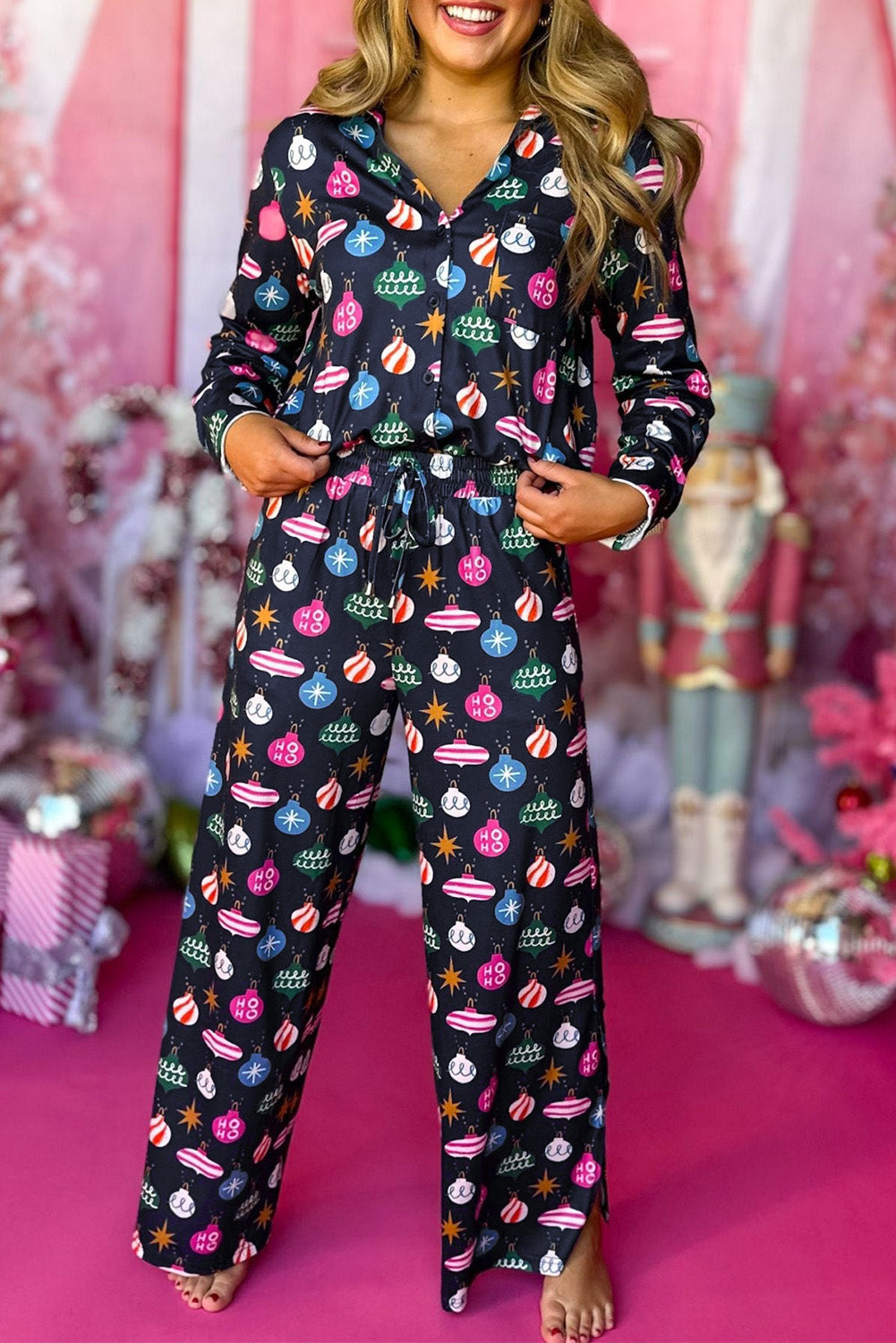 Navy Blue Colorful Christmas Lights Print Pajama Set - LODIMAE FASHION 