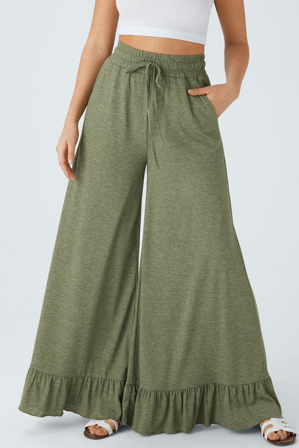 Dune Solid Color Ruffle Hem Wide Leg Pants - LODIMAE FASHION 