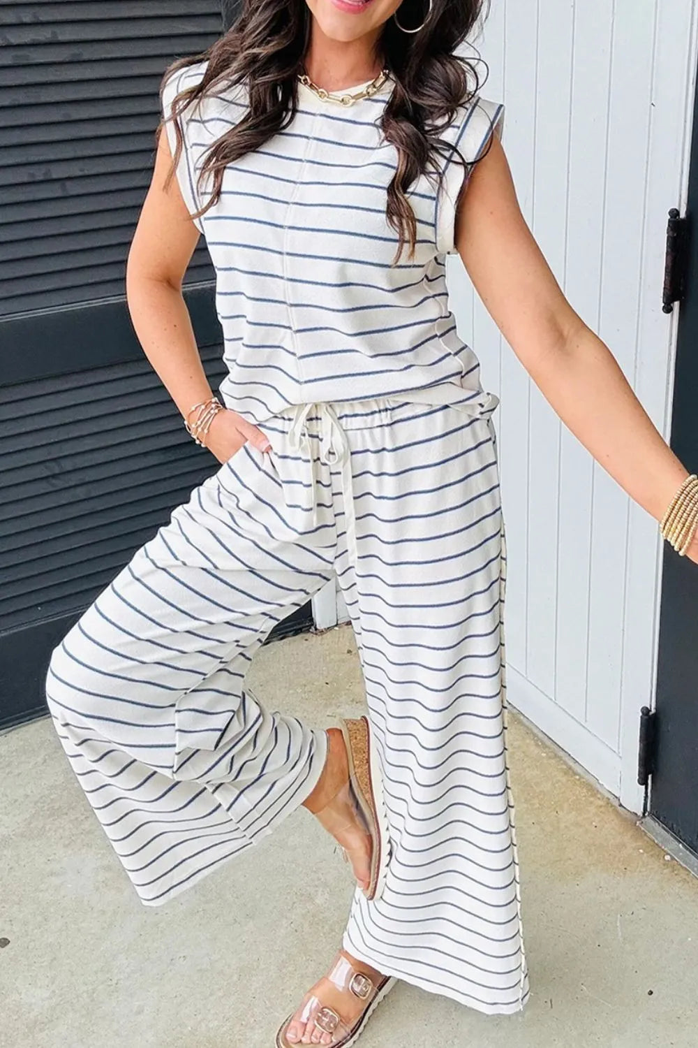 Striped Round Neck Top and Pants Set - LODIMAE FASHION 