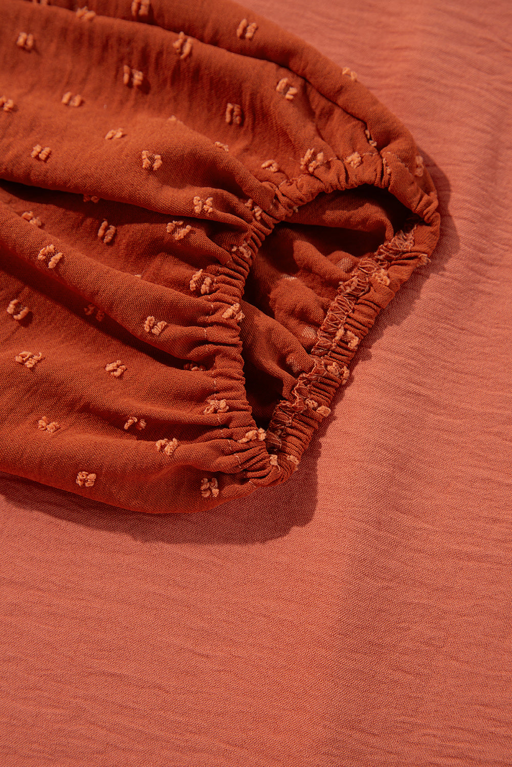 Russet Orange Swiss Dot Balloon Sleeve Patchwork Crinkle Blouse - LODIMAE FASHION 