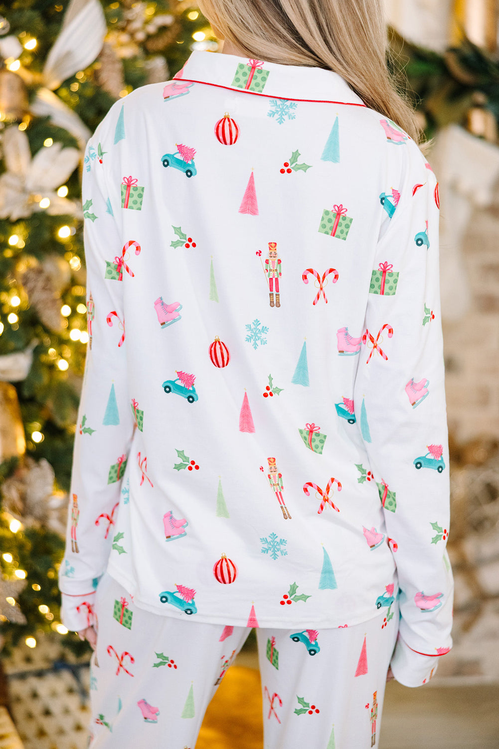 White Christmas Print Lapel Shirt and Pants Pajama Set - LODIMAE FASHION 