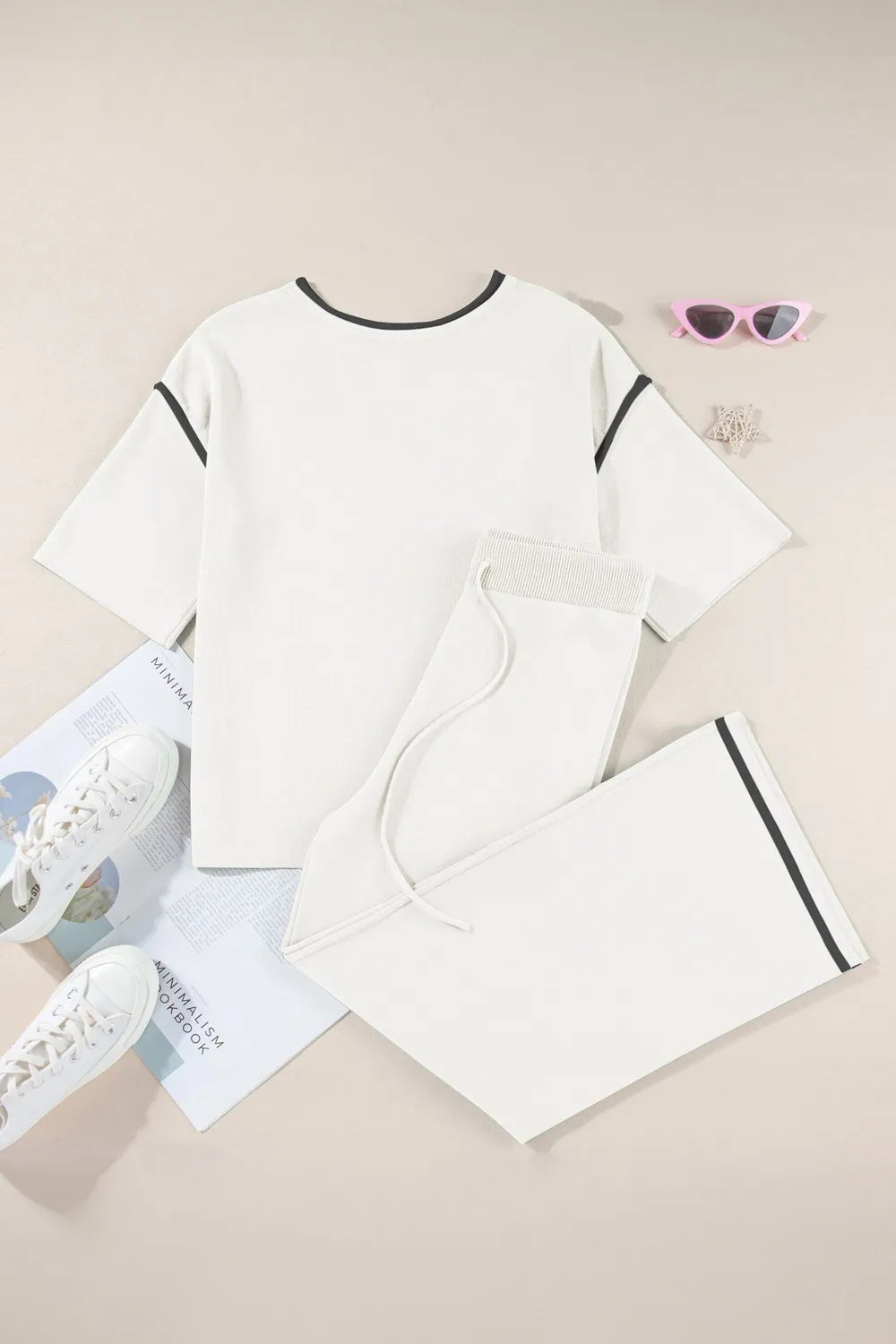 Contrast Trim Round Neck Top and Pants Set - LODIMAE FASHION 