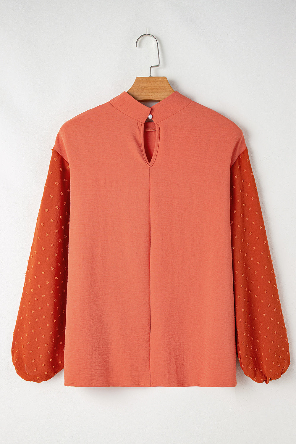 Russet Orange Swiss Dot Balloon Sleeve Patchwork Crinkle Blouse - LODIMAE FASHION 