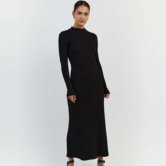 Long Sleeve Knitted Wooden Ear Turtleneck Waist-controlled Slim Fit Slimming Dress - LODIMAE FASHION 