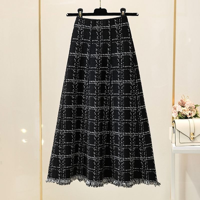 Fringed checkered skirt for women, high-waisted umbrella skirt for autumn and winter, elegant mid-length A-line knitted large hem skirt, versatile and slimming - LODIMAE FASHION 