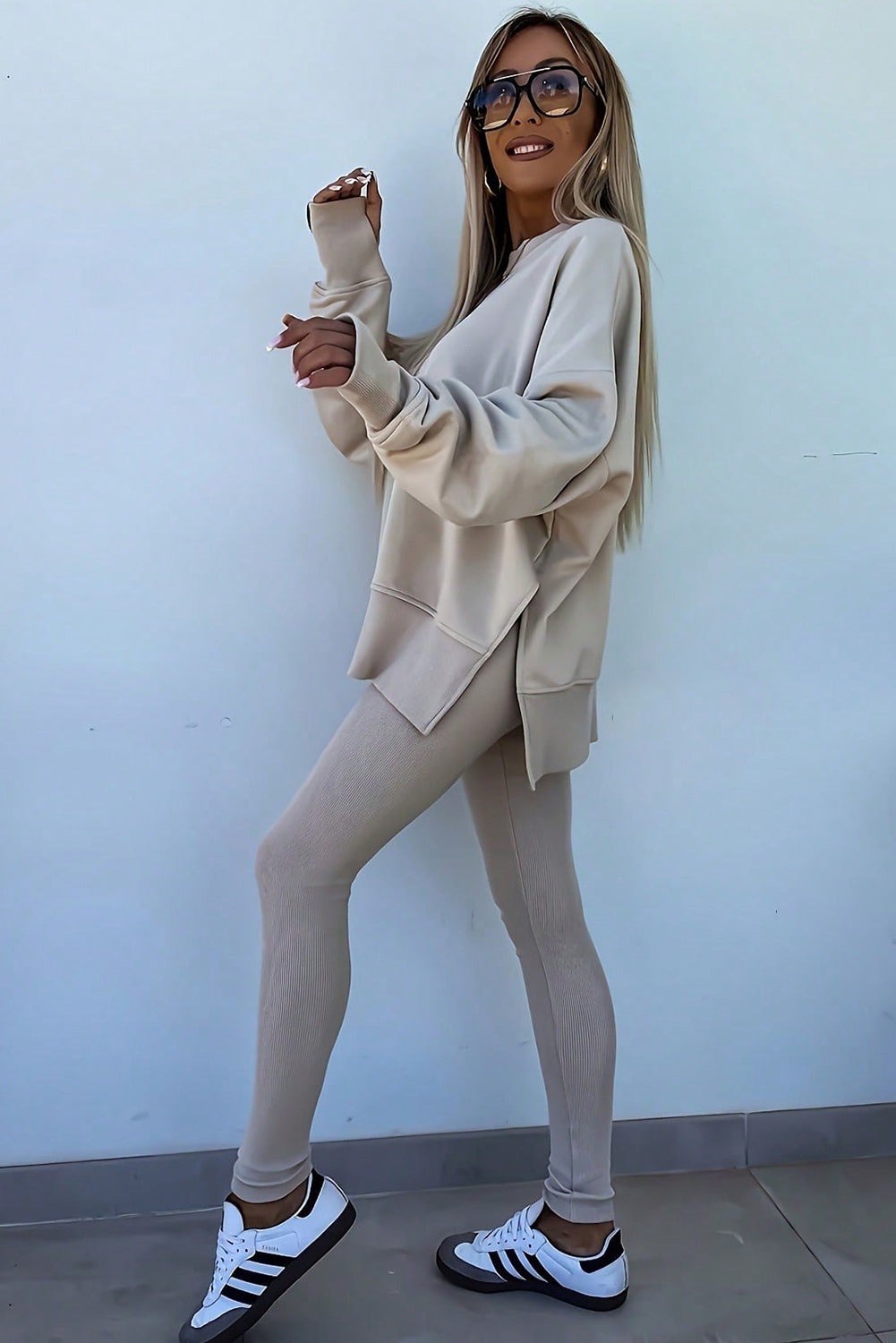 Jet Stream Solid Color Oversize Slit Sweatshirt Ribbed Leggings Set - LODIMAE FASHION 