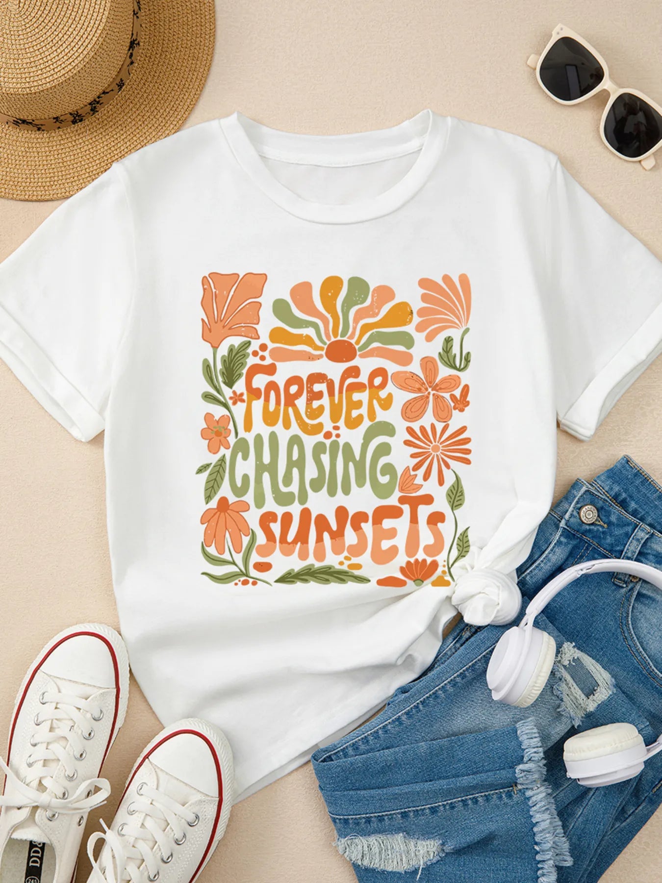 FOREVER CHASING SUNSETS Round Neck T Shirt - LODIMAE FASHION 