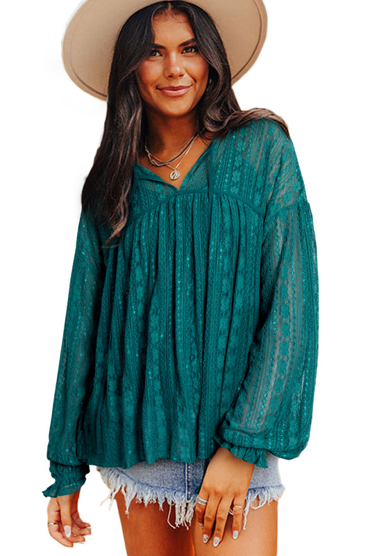 Evergreen Sheer Lace Balloon Sleeve Babydoll Blouse - LODIMAE FASHION 