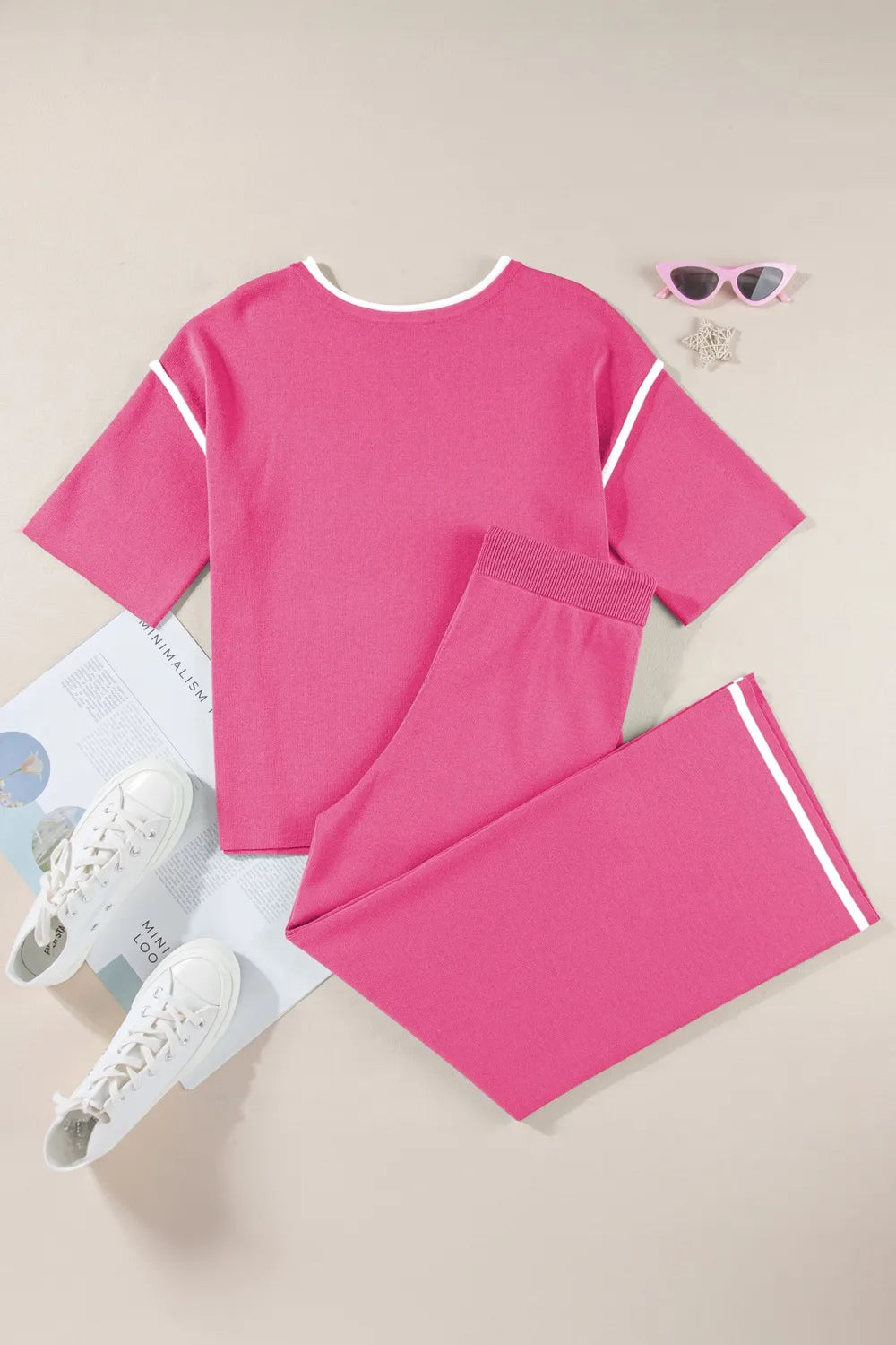 Contrast Trim Round Neck Top and Pants Set - LODIMAE FASHION 