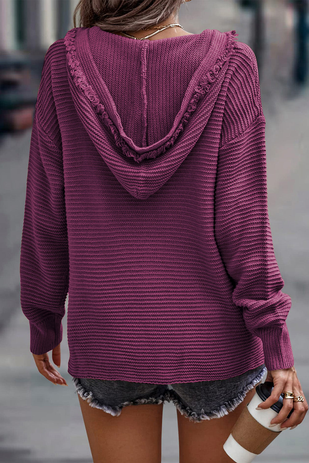 Black Split V Neck Pullover Knit Hooded Sweater - LODIMAE FASHION 