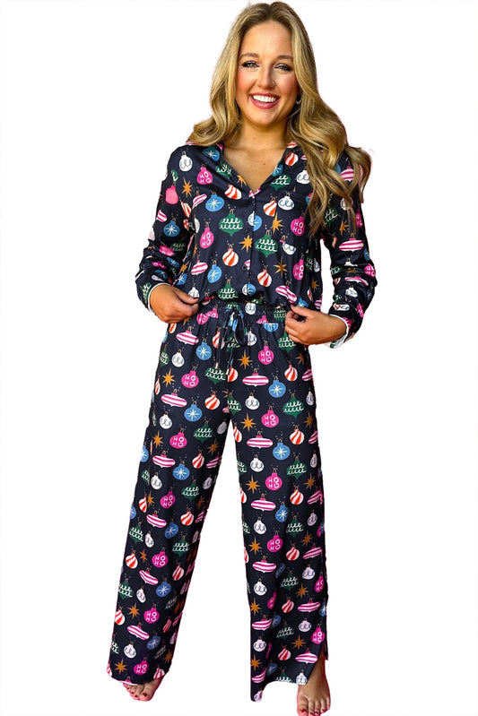 Navy Blue Colorful Christmas Lights Print Pajama Set - LODIMAE FASHION 