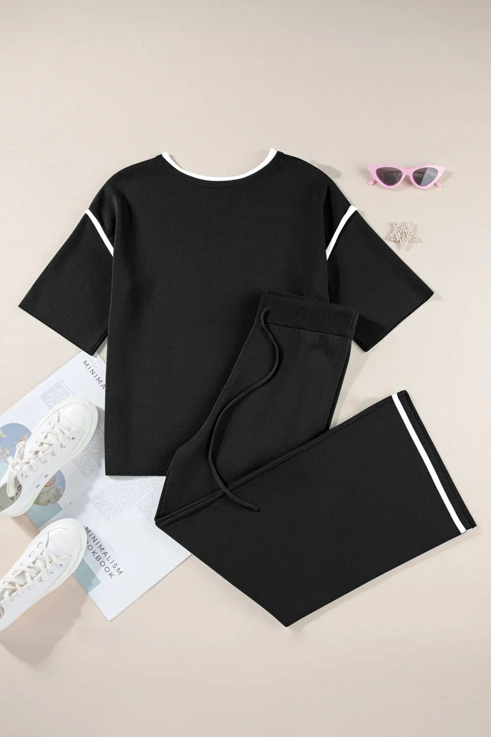Contrast Trim Round Neck Top and Pants Set - LODIMAE FASHION 
