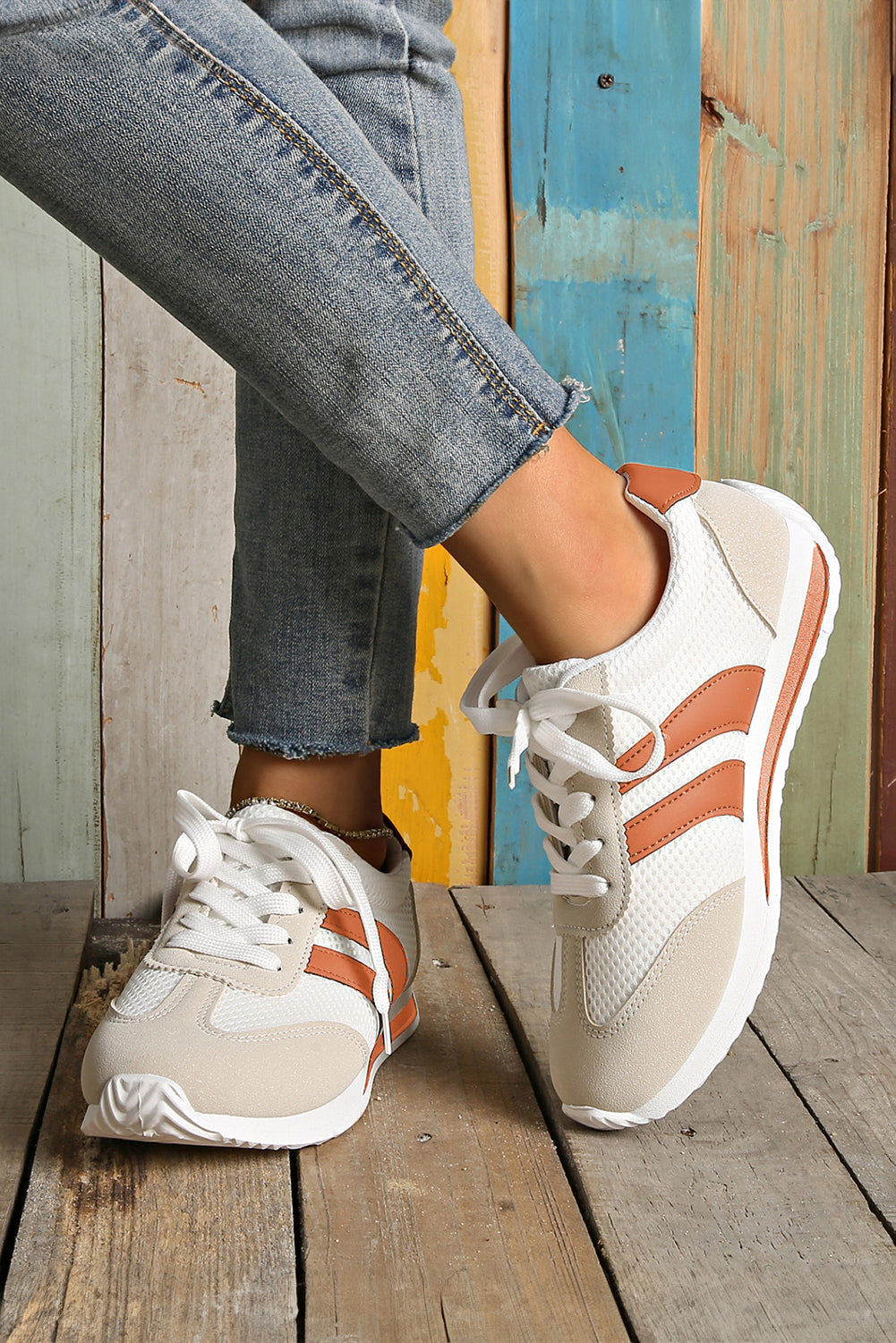 White Patchwork Breathable Lace Up Sneakers - LODIMAE FASHION 