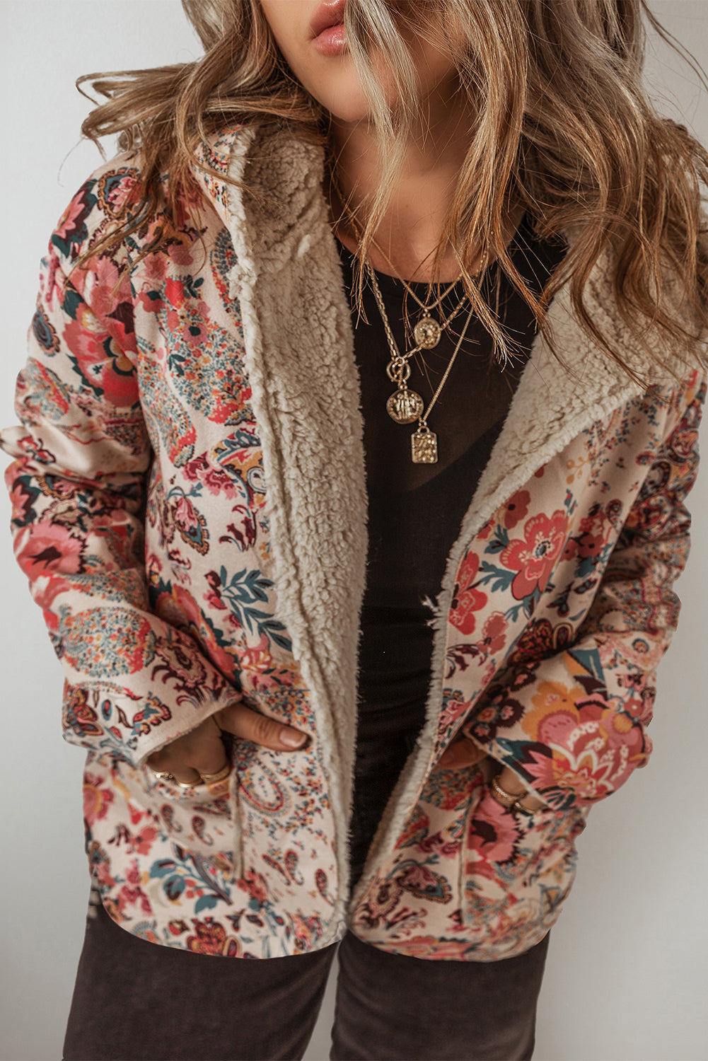 Vintage Paisley Floral Printed Sherpa Lined Hooded Jacket - LODIMAE FASHION 