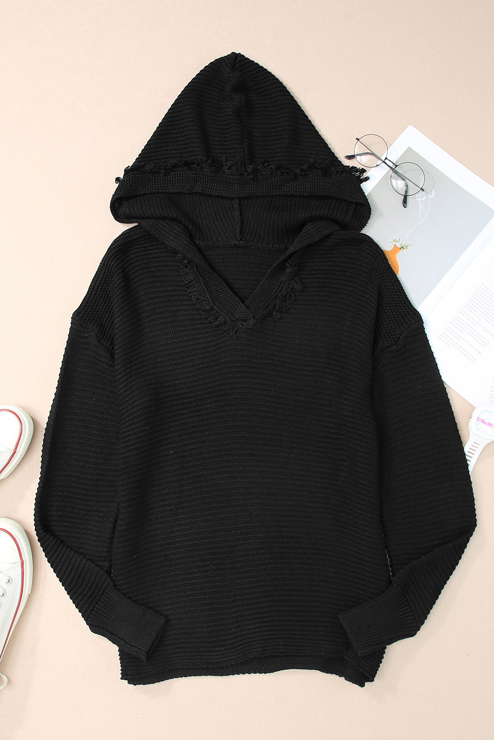 Black Split V Neck Pullover Knit Hooded Sweater - LODIMAE FASHION 