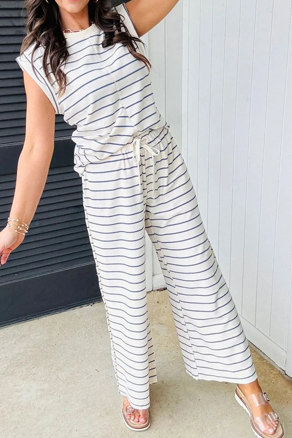 Striped Round Neck Top and Pants Set - LODIMAE FASHION 