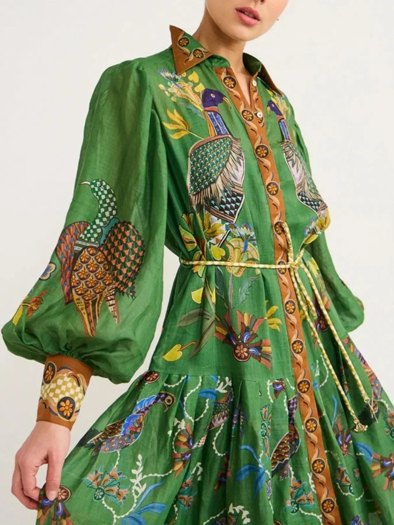 Printed Lantern Sleeve Maxi Shirt Dress - LODIMAE FASHION 