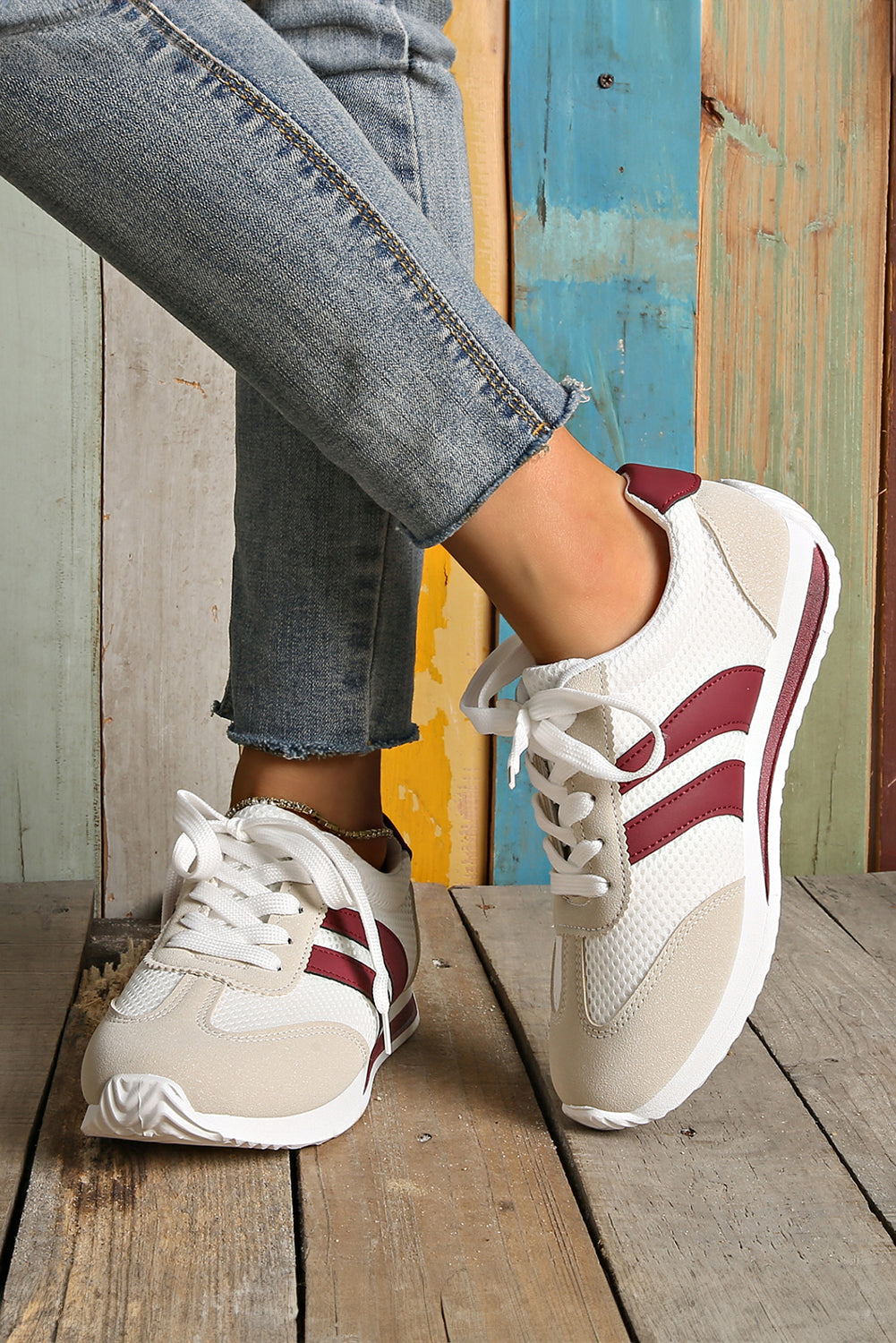 White Patchwork Breathable Lace Up Sneakers - LODIMAE FASHION 