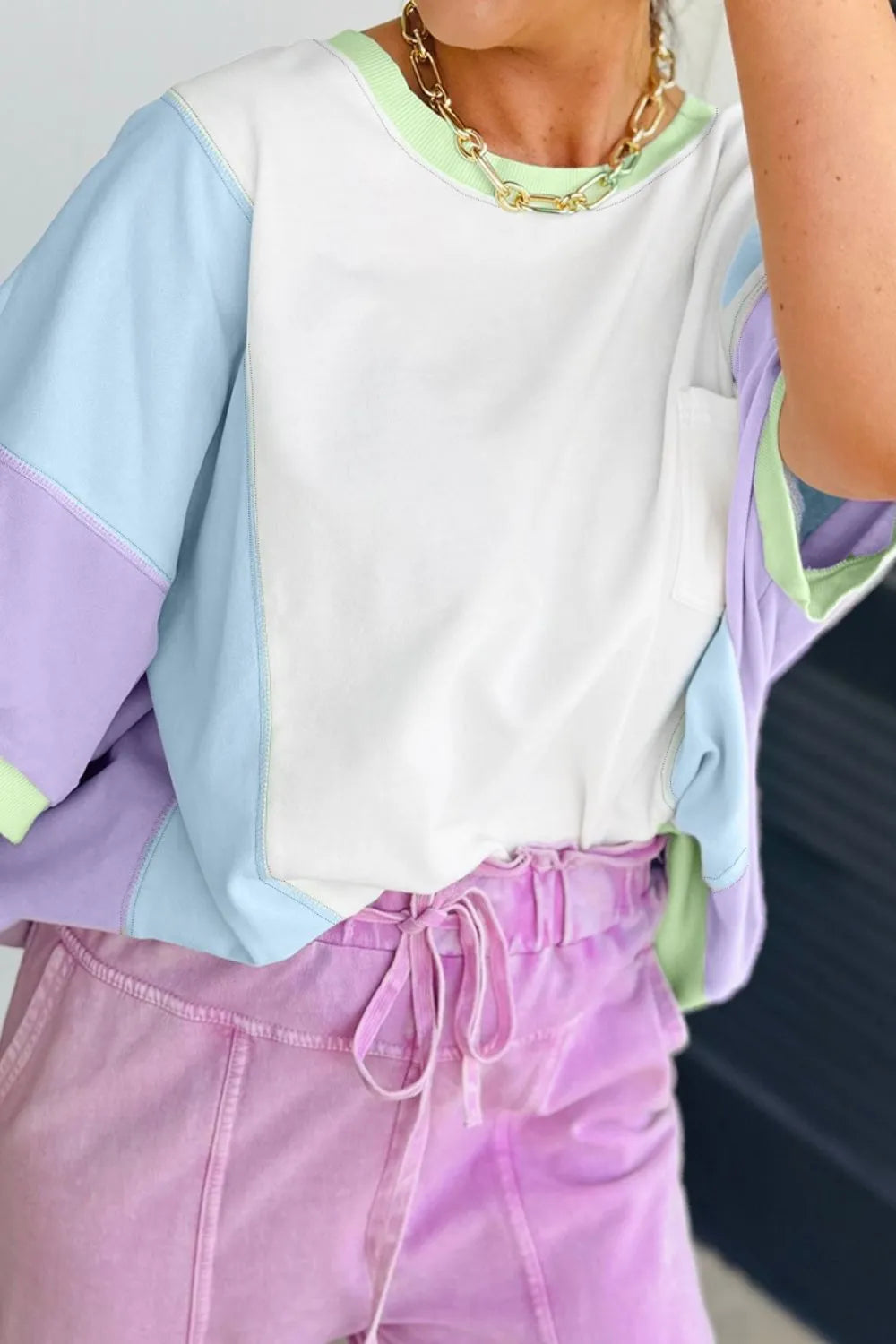 Color Block Patchwork Half Sleeve Oversized T Shirt - LODIMAE FASHION 