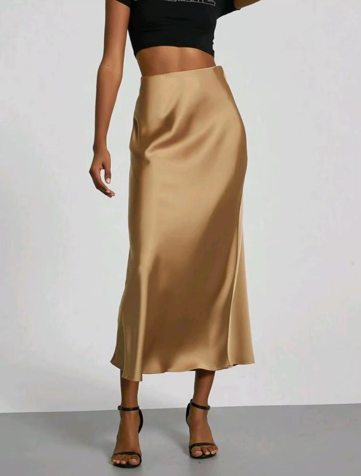 Women's Slim Fit Satin Skirt Fashion Chic Solid Long Skirt - LODIMAE FASHION 