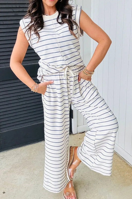 Striped Round Neck Top and Pants Set - LODIMAE FASHION 
