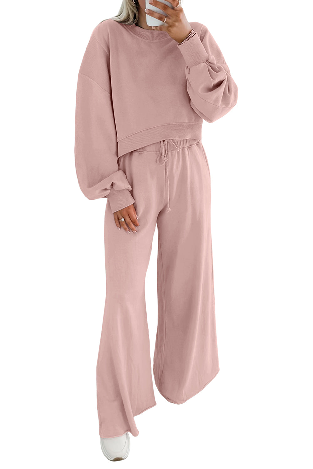 Bright Green Drop Shoulder Crop Pullover Drawstring Wide Leg Pants Set - LODIMAE FASHION 
