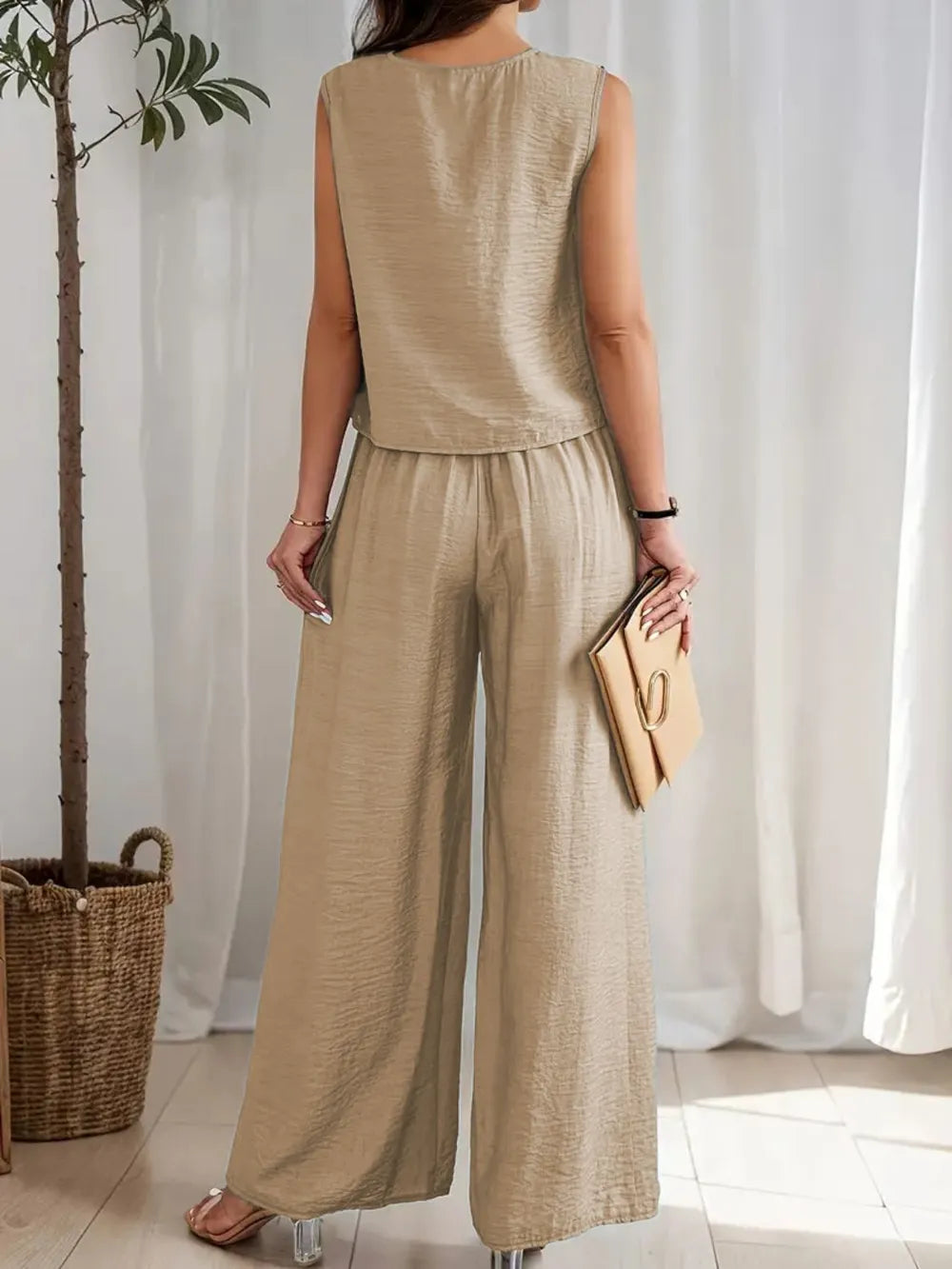 Round Neck Sleeveless Top and Wide Leg Pants Set - LODIMAE FASHION 