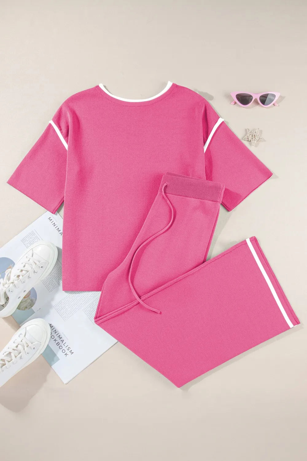 Contrast Trim Round Neck Top and Pants Set - LODIMAE FASHION 