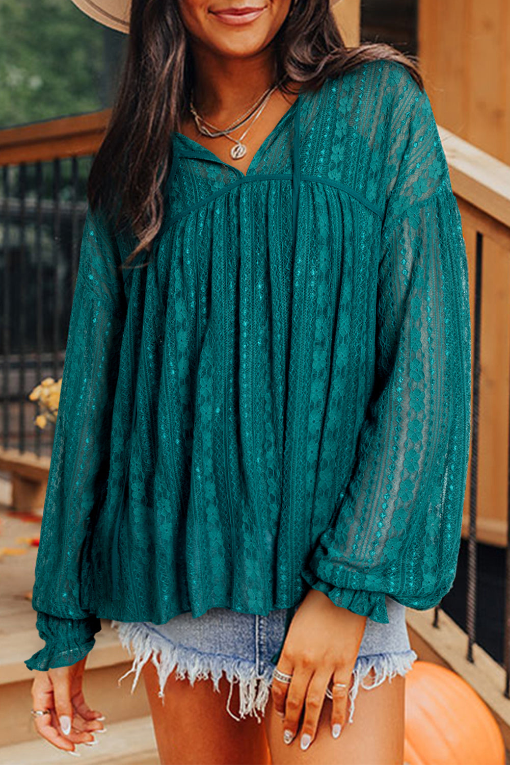 Evergreen Sheer Lace Balloon Sleeve Babydoll Blouse - LODIMAE FASHION 