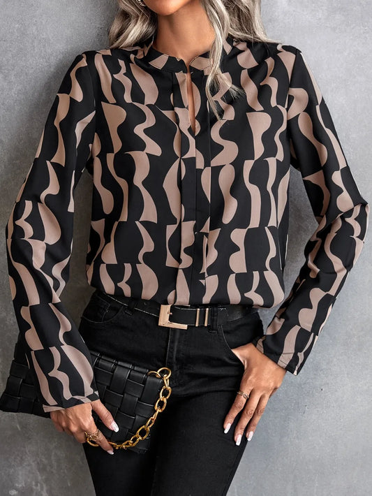 Printed Notched Long Sleeve Blouse - LODIMAE FASHION 