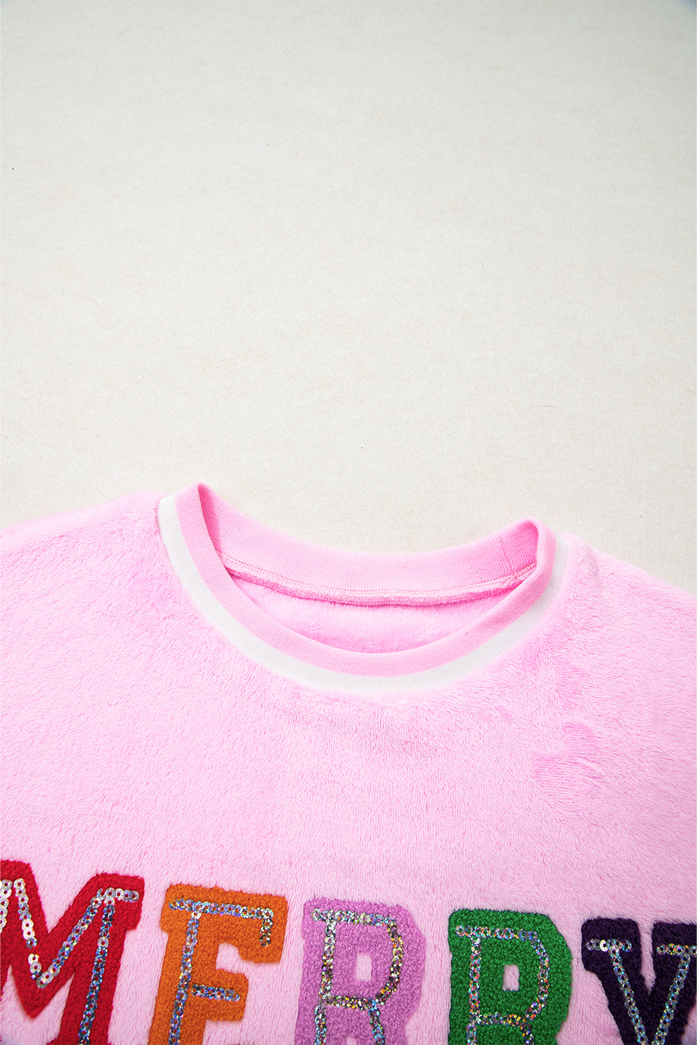 Sachet Pink Merry Letter Pattern Plush Pullover - LODIMAE FASHION 