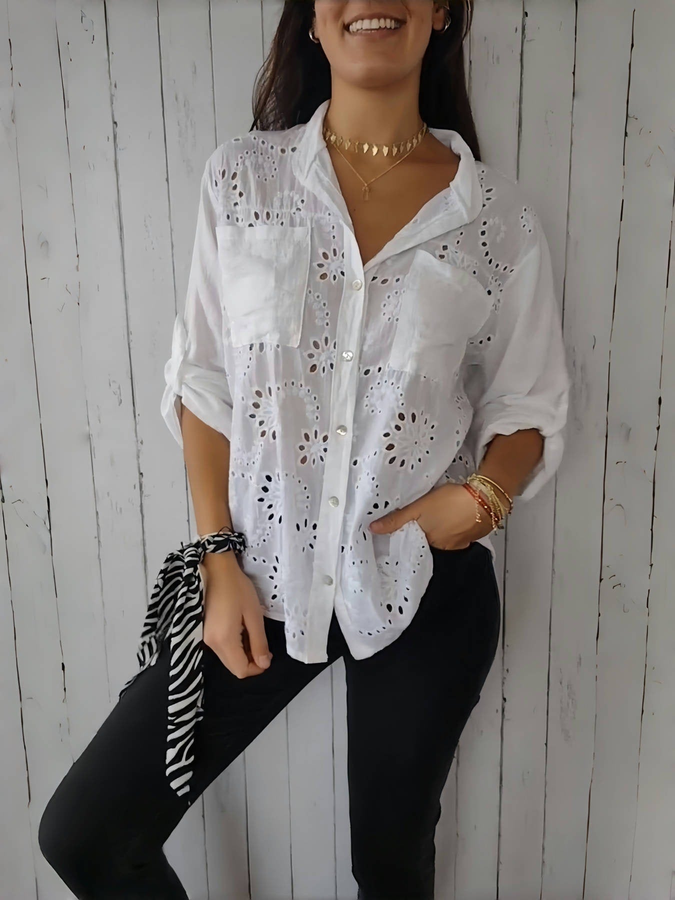 Women's Casual Hollow-out Design Pocket Long Sleeve Button-down Shirt - LODIMAE FASHION 