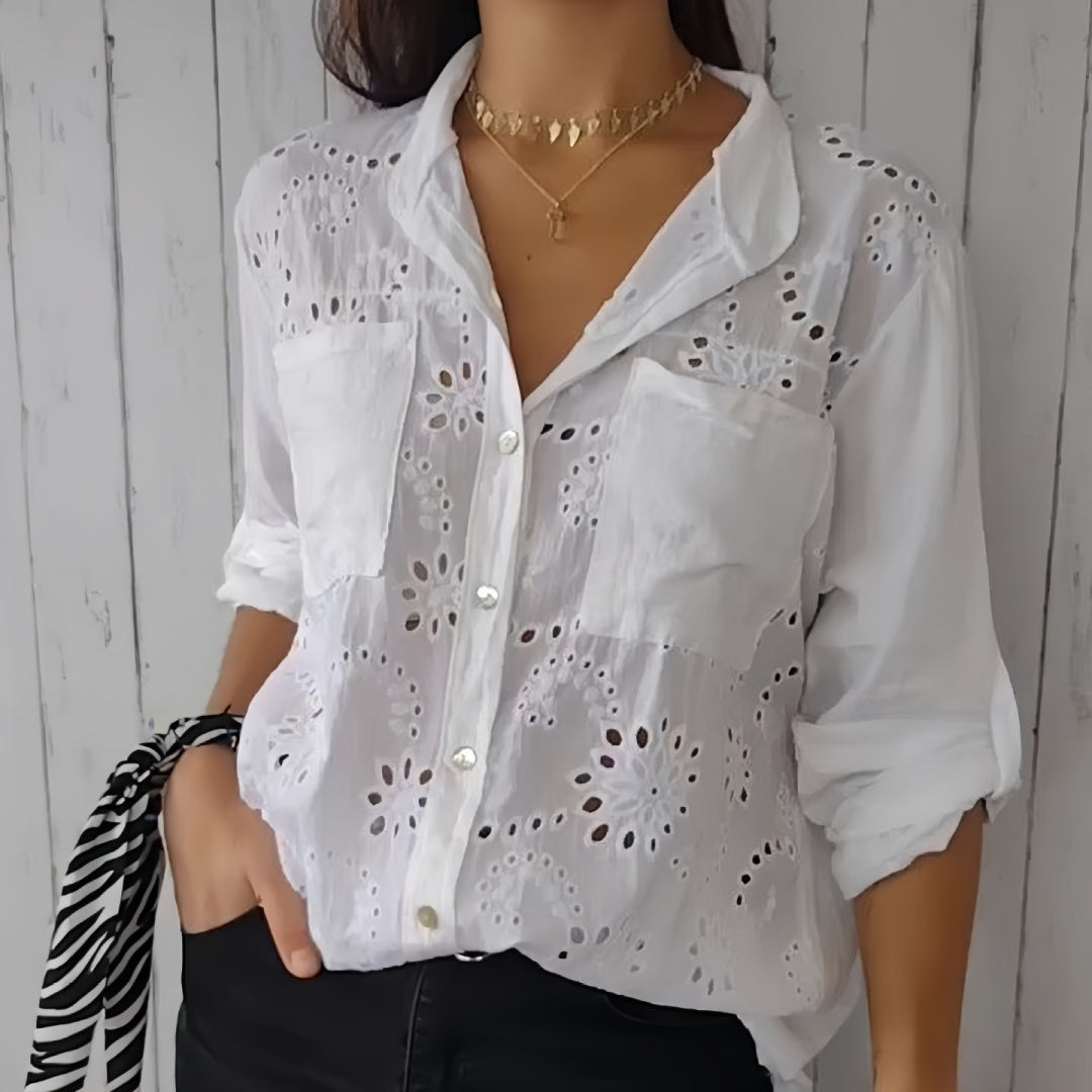 Women's Casual Hollow-out Design Pocket Long Sleeve Button-down Shirt - LODIMAE FASHION 