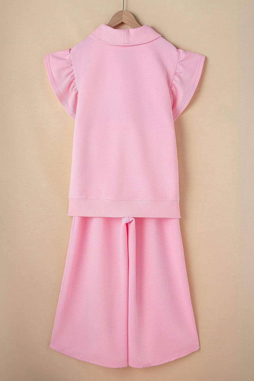 Textured Ruffled Sleeve Zipped Top and Wide Leg Pants Set - LODIMAE FASHION 