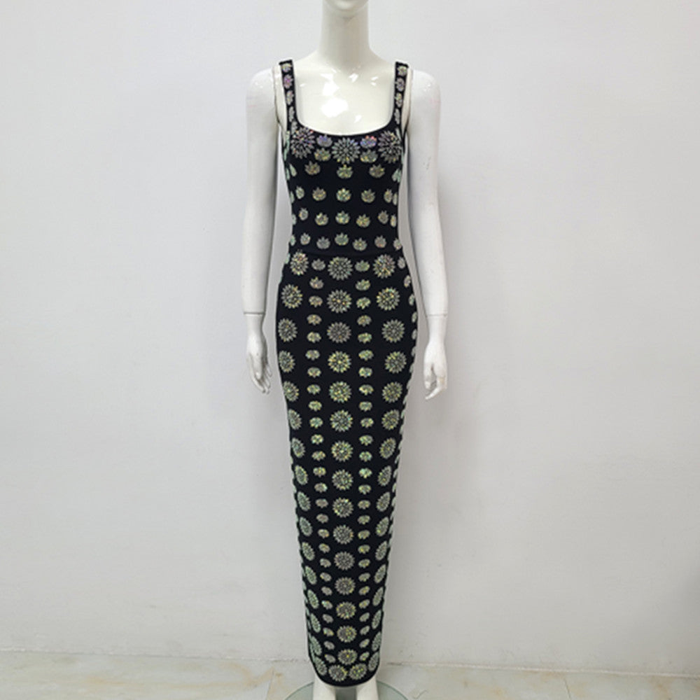 Black Sleeveless U-neck Rhinestone Elegant Slim Bandage DressEvening Dress - LODIMAE FASHION 