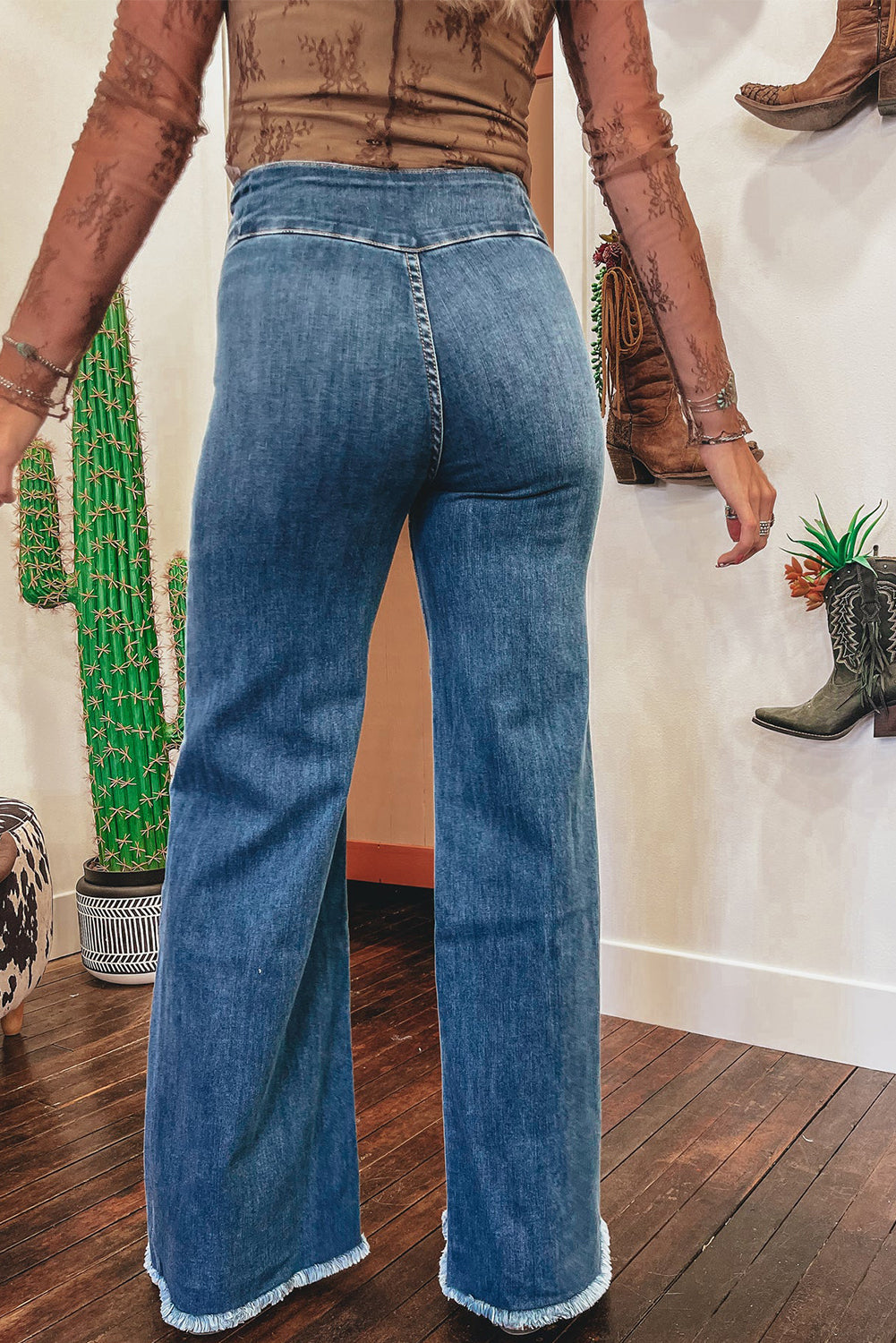 Sail Blue High Waist Button Raw Hem Jeans - LODIMAE FASHION 