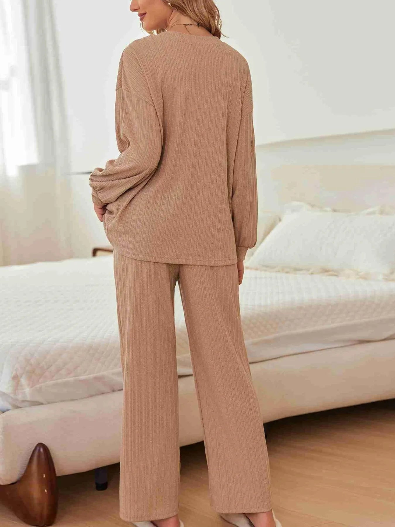 Ribbed Knit Top and Pants Lounge Set with Button Detail - LODIMAE FASHION 