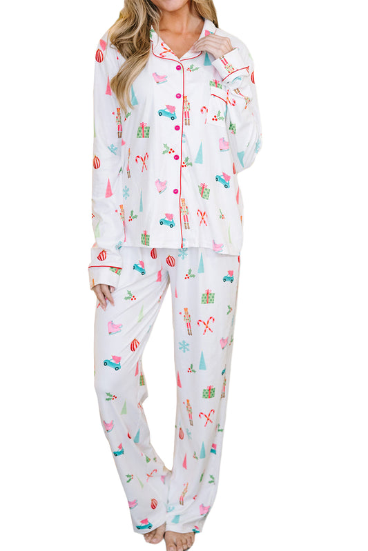 White Christmas Print Lapel Shirt and Pants Pajama Set - LODIMAE FASHION 