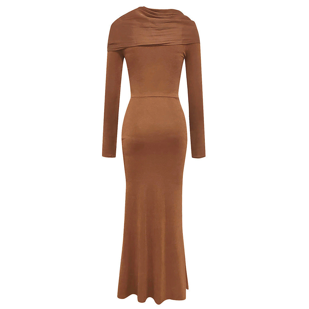 Round Neck Long Sleeve Slim-fit Pleated Ribbon Party Dinner Dress - LODIMAE FASHION 