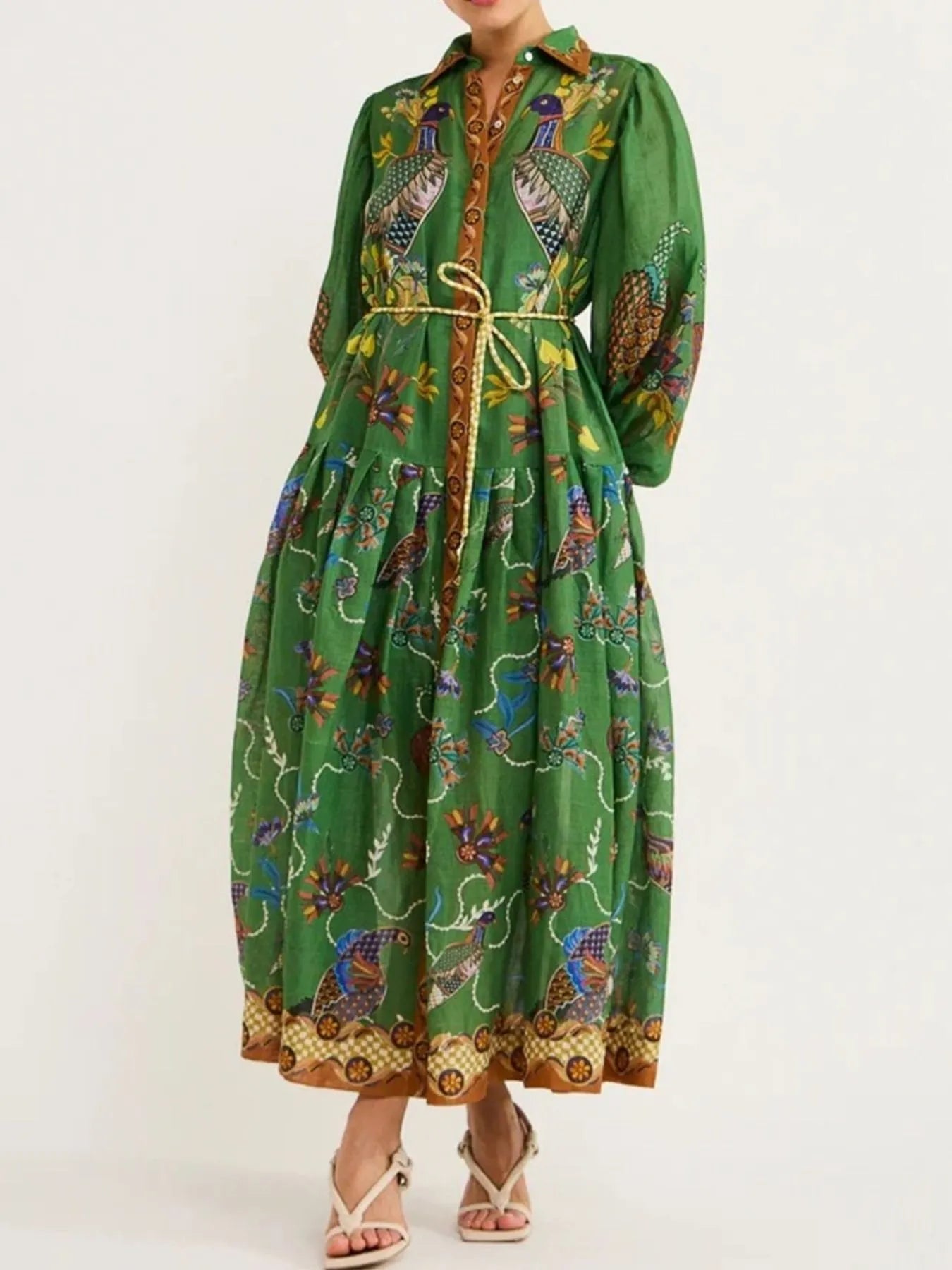 Printed Lantern Sleeve Maxi Shirt Dress - LODIMAE FASHION 