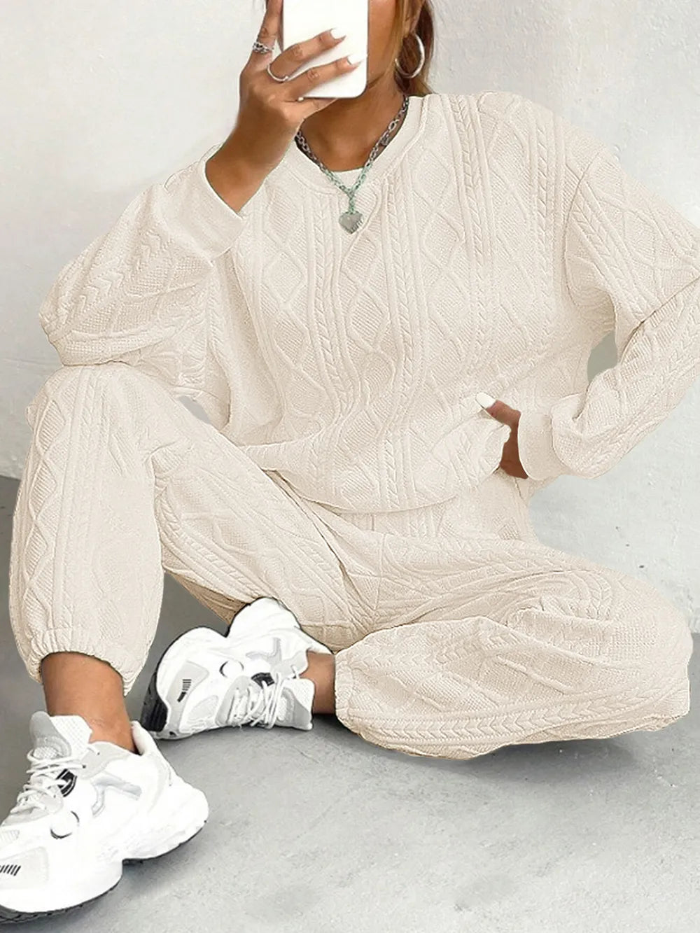 Texture Round Neck Top and Pants Set - LODIMAE FASHION 
