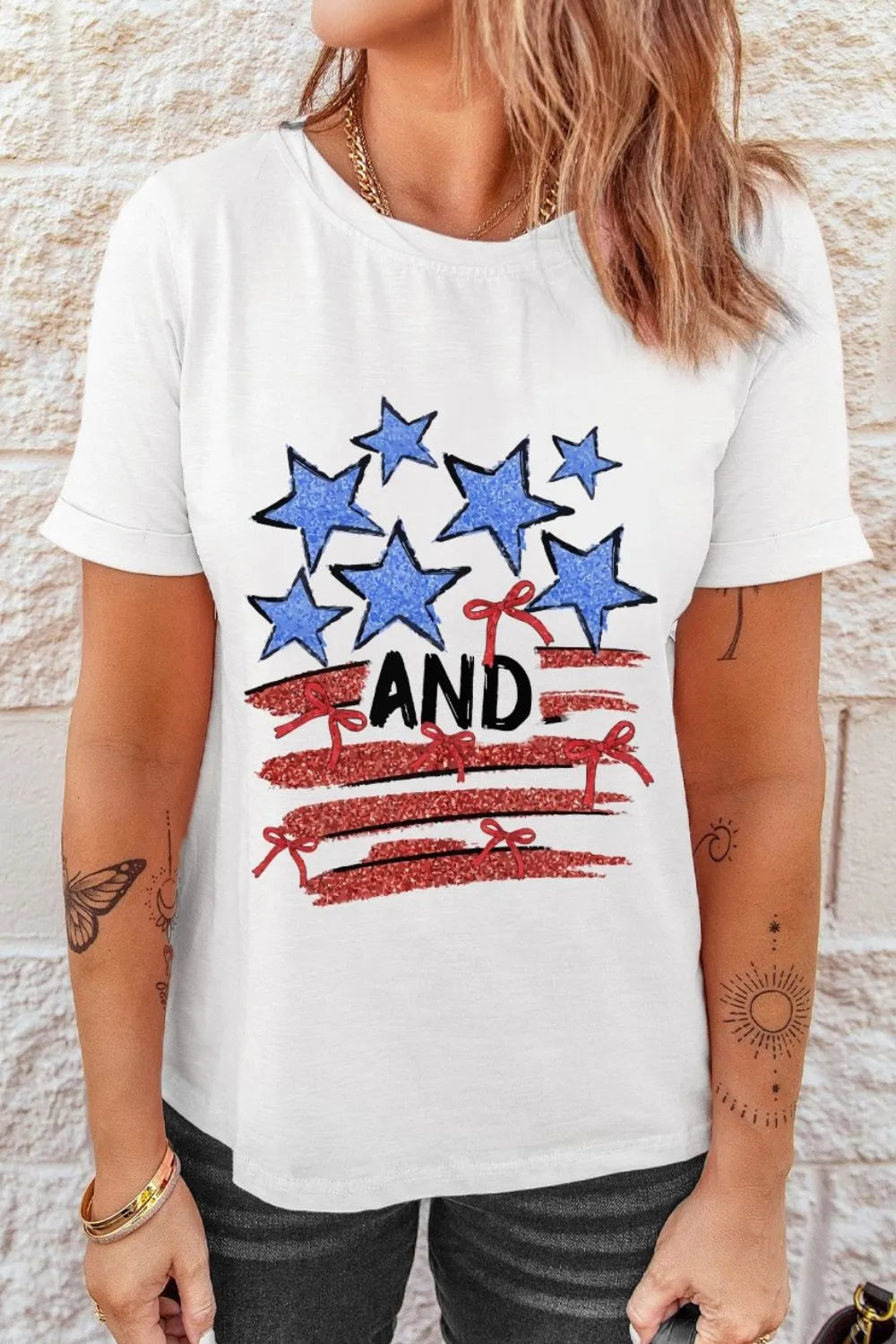 Stars and Stripes Bow Graphic T Shirt - LODIMAE FASHION 