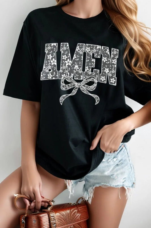 AMEN Bow Round Neck Short Sleeve T Shirt - LODIMAE FASHION 