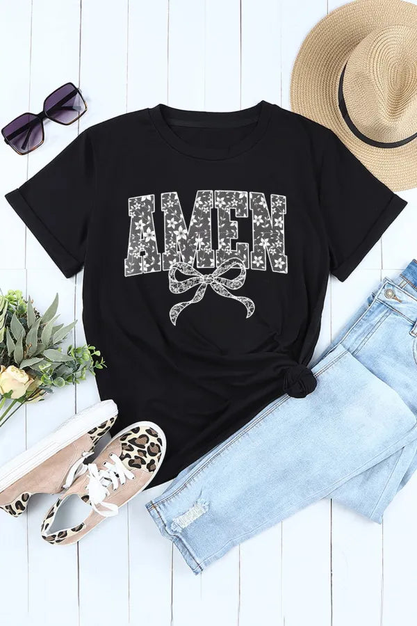 AMEN Bow Round Neck Short Sleeve T Shirt - LODIMAE FASHION 