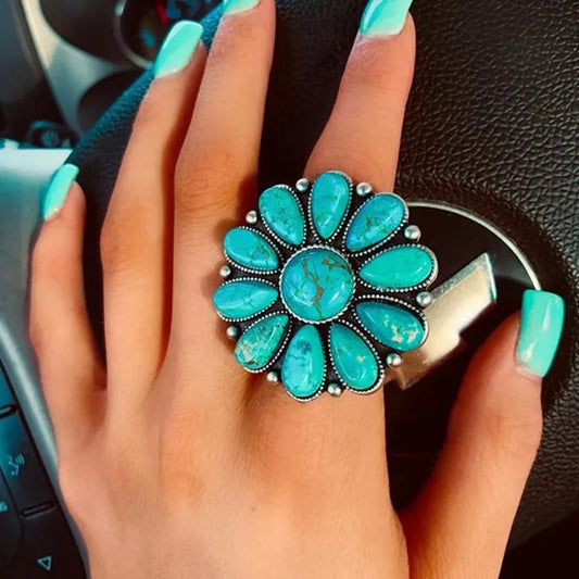 Artificial Turquoise Flower Ring – Vintage Alloy Statement Jewelry - LODIMAE FASHION 