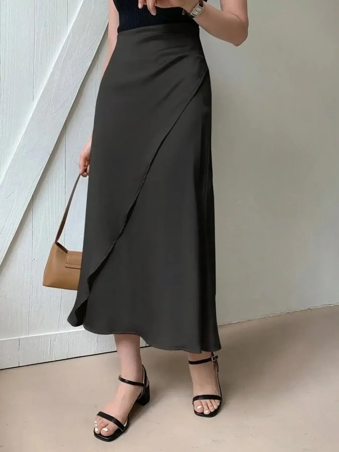 Asymmetric Wrap Midi Skirt with Fluted Hem - LODIMAE FASHION 