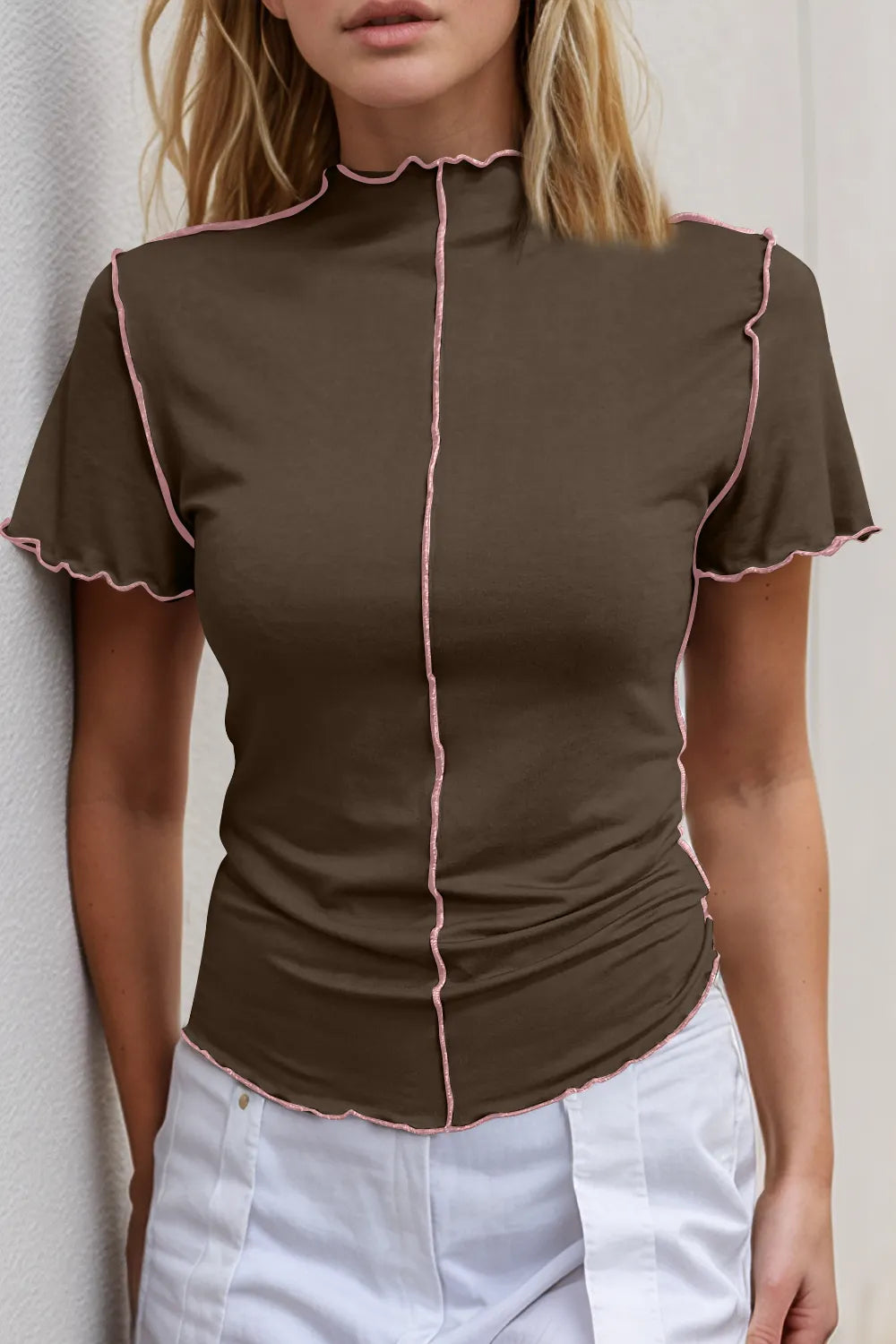 Basic Bae Contrast Trim Mock Neck Short Sleeve T-Shirt - LODIMAE FASHION 