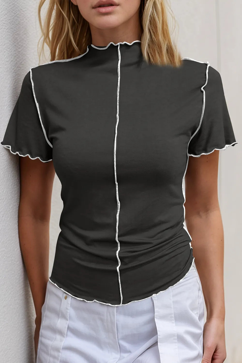 Basic Bae Contrast Trim Mock Neck Short Sleeve T-Shirt - LODIMAE FASHION 