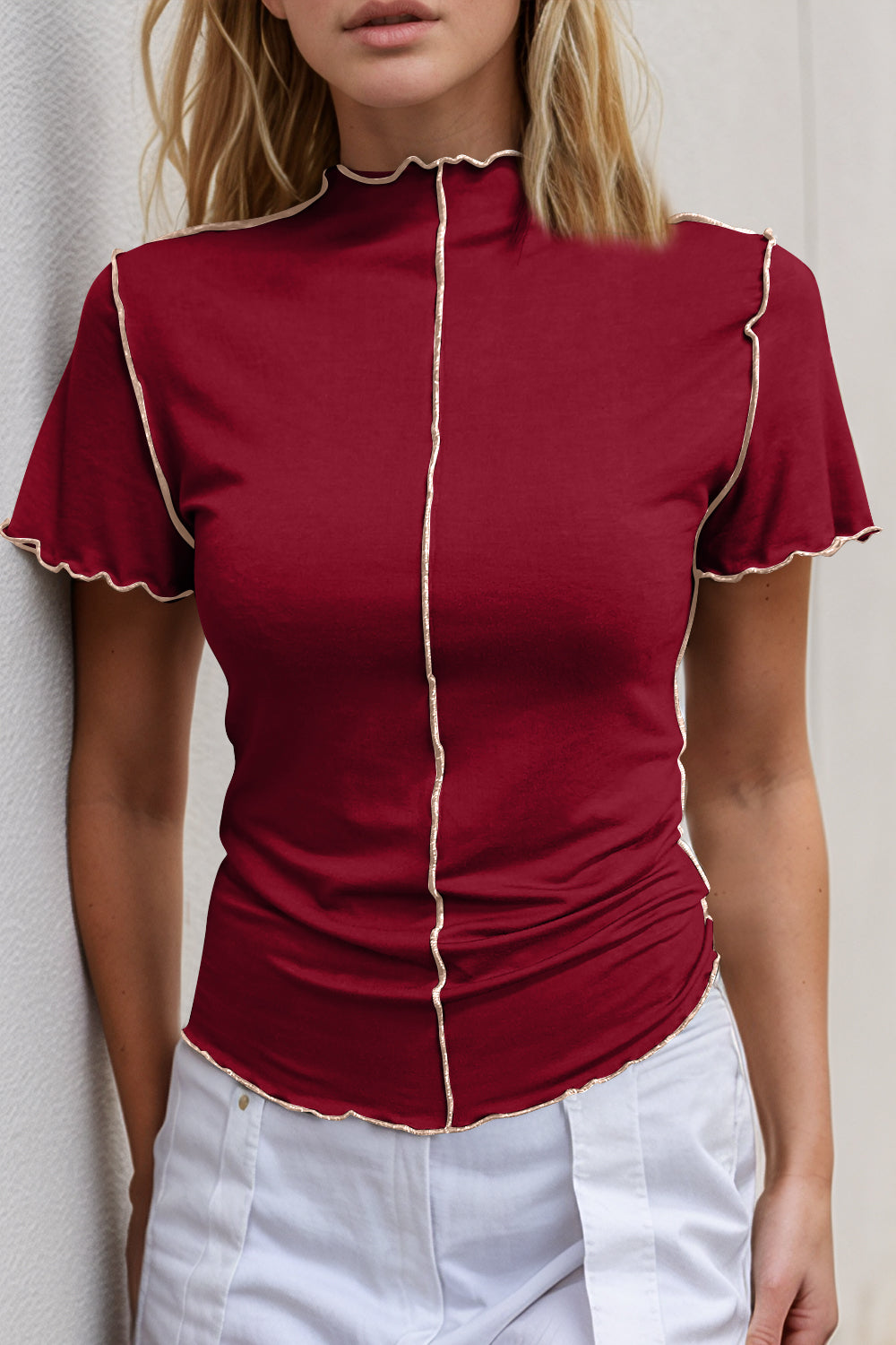 Basic Bae Contrast Trim Mock Neck Short Sleeve T-Shirt - LODIMAE FASHION 